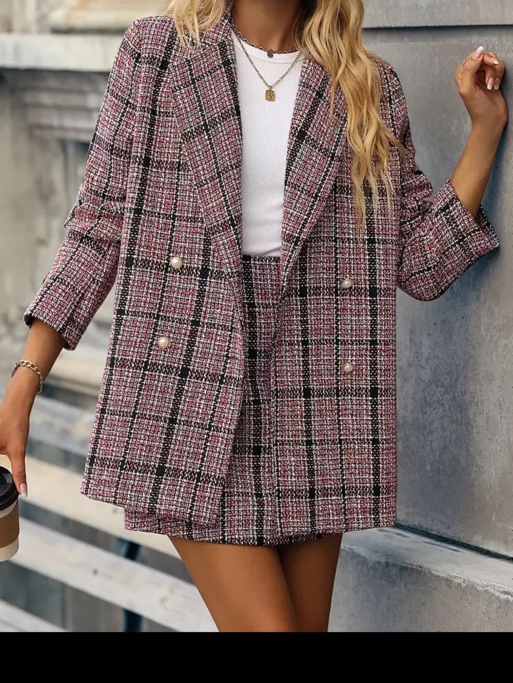 Women's Pink Plaid Tweed Blazer Coat